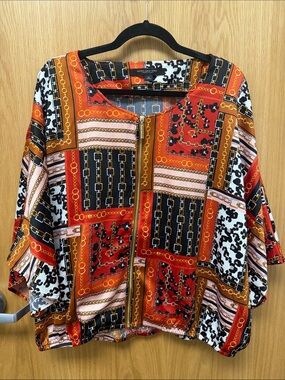 Marc New York Red, Black Gold Chain-Print Zip Front Dolman Sleeve Jacket Blouse